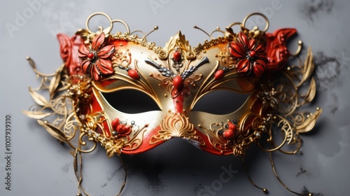 Red and gold mask on table