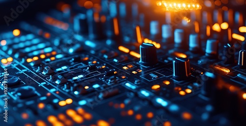 Close-up of an audio mixing console, with glowing lights and intricate circuitry visible in the foreground photo