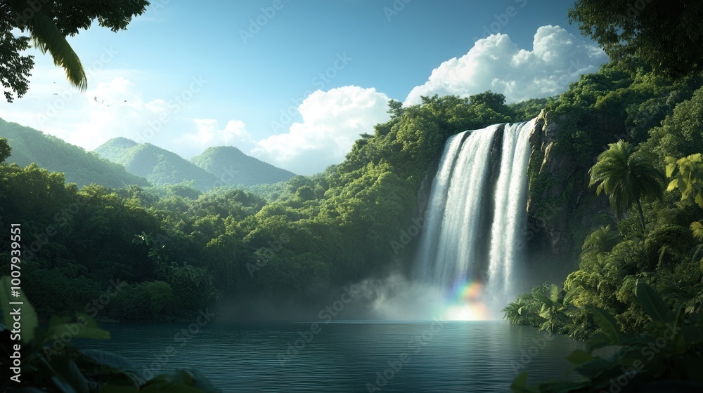 Fototapeta premium Breathtaking waterfall surrounded by lush greenery under a clear blue sky.