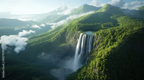 Breathtaking waterfall cascading down green mountains, surrounded by lush vegetation.