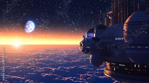 Fototapeta Naklejka Na Ścianę i Meble -  Celestial space station at sunset. Galactic Outpost. Illustration