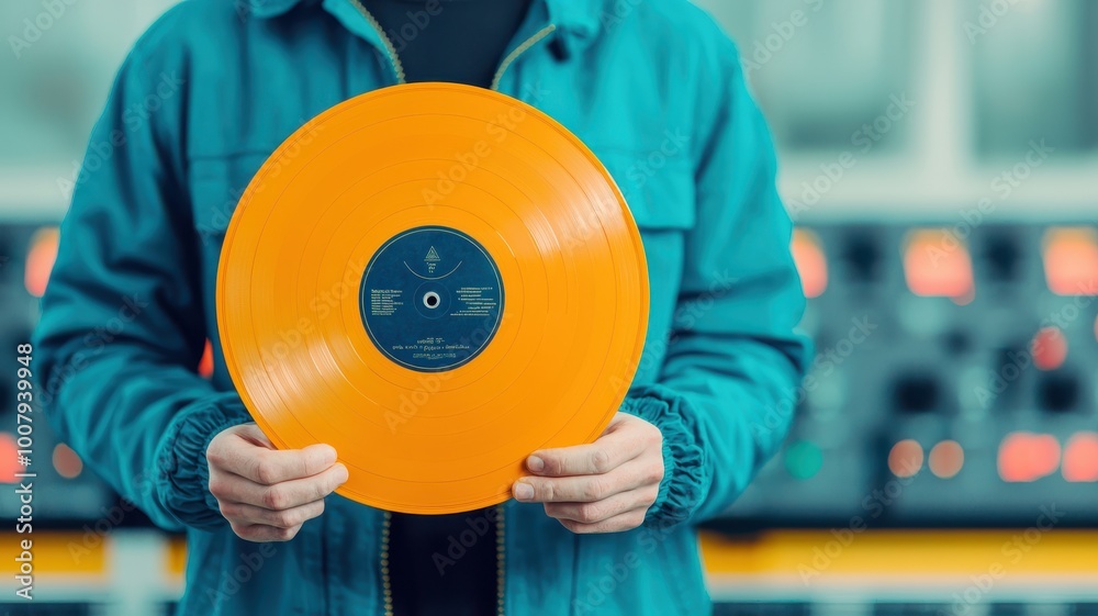 Person holding a vibrant orange vinyl record in a studio setting. Person holding a vibrant orange vinyl record in a studio setting.