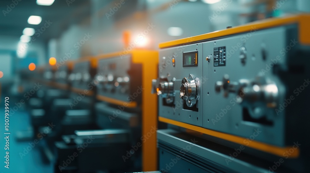 Close-up of industrial machinery with control panels in a factory setting. Close-up of industrial machinery with control panels in a factory setting.