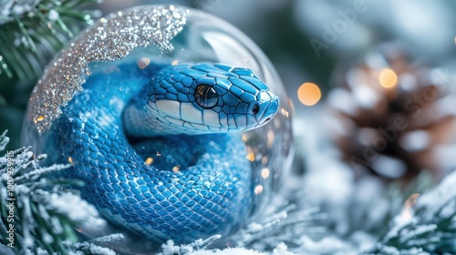 Christmas Tree and snake inside snow ball on snow winter background. Generative AI