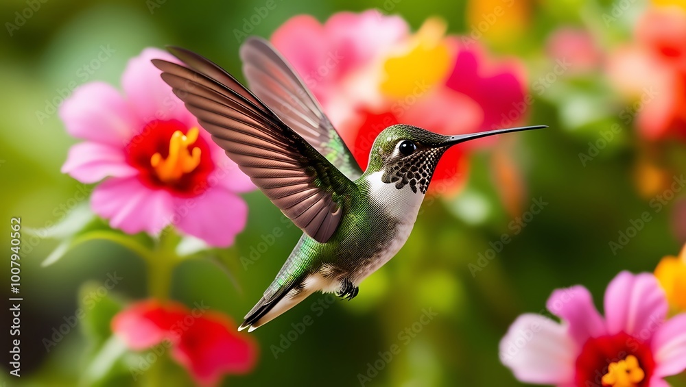 This mesmerizing close-up captures the moment a hummingbird hovers effortlessly in mid-air, its wings a blur of motion while its iridescent green feathers shine brilliantly in the sunlight. This mesmerizing close-up captures the moment a hummingbird hovers effortlessly in mid-air, its wings a blur of motion while its iridescent green feathers shine brilliantly in the sunlight.