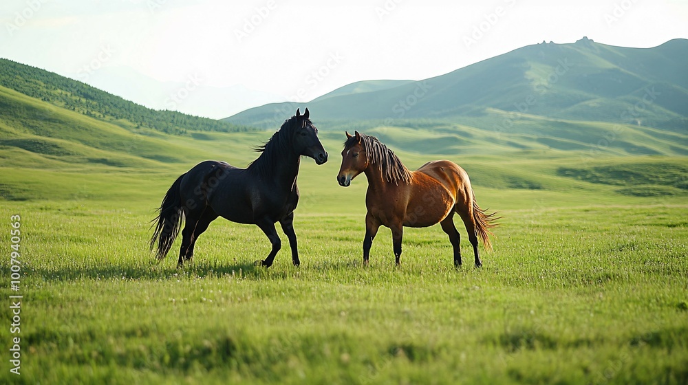 Obraz premium Two Horses Standing in a Lush Meadow with Rolling Hills in the Background