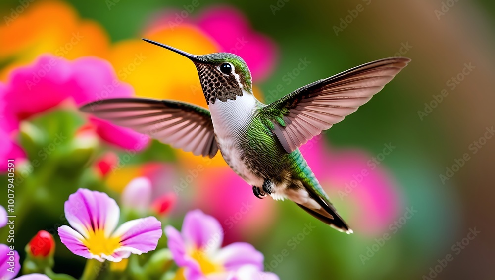 Fototapeta premium This mesmerizing close-up captures the moment a hummingbird hovers effortlessly in mid-air, its wings a blur of motion while its iridescent green feathers shine brilliantly in the sunlight. 