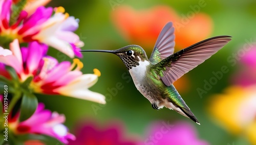 This mesmerizing close-up captures the moment a hummingbird hovers effortlessly in mid-air, its wings a blur of motion while its iridescent green feathers shine brilliantly in the sunlight. 