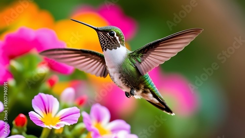 This mesmerizing close-up captures the moment a hummingbird hovers effortlessly in mid-air, its wings a blur of motion while its iridescent green feathers shine brilliantly in the sunlight. 