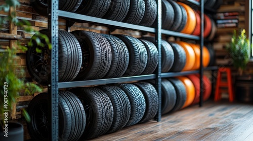 Passenger car tires are neatly arranged on a tire rack in a professional environment, showcasing the tire's tread pattern and durability. The clean and organized display emphasizes the quality photo