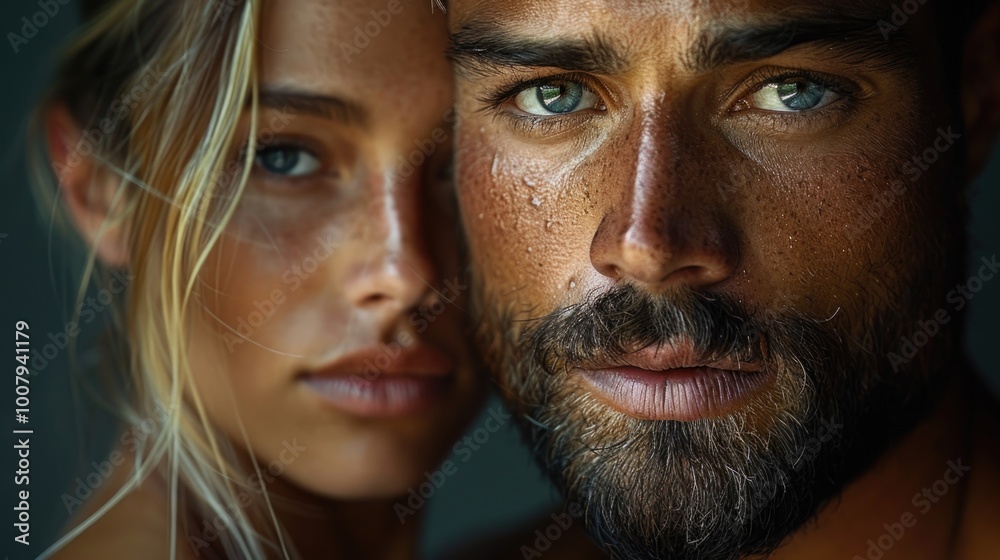 Close up portrait of a young woman and an older man Close up portrait of a young woman and an older man
