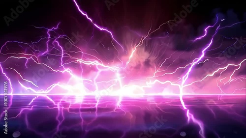 Wallpaper Mural A dramatic display of purple lightning striking across a dark sky, reflected on a smooth surface below. Torontodigital.ca