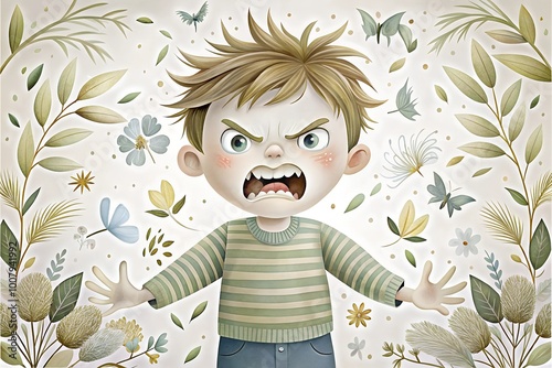 Enraged Boy Shouting Amidst Whimsical Nature Elements