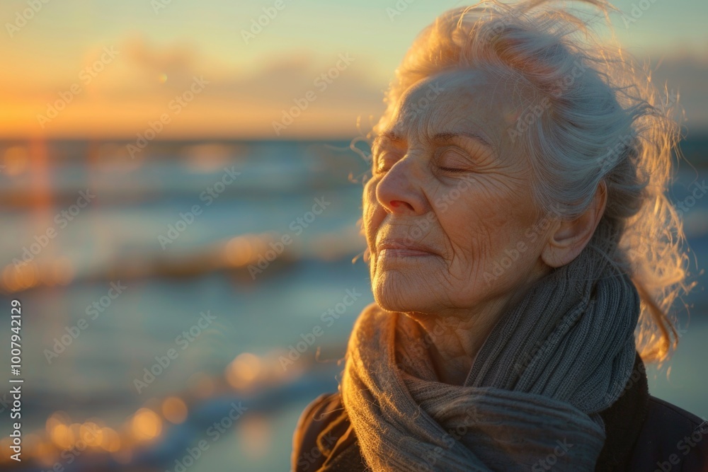 Fototapeta premium Elderly woman in scarf gazing at ocean