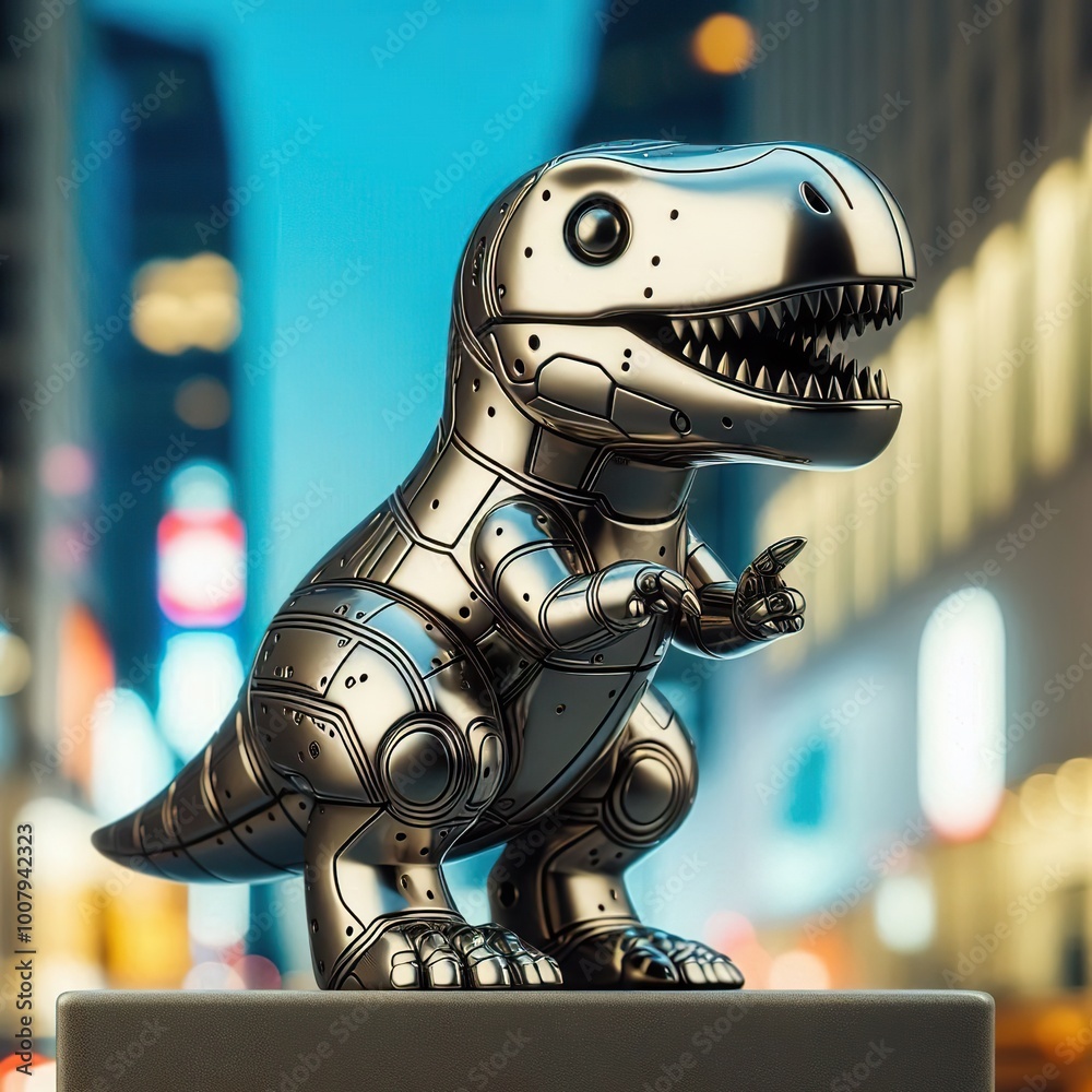 a cool and hip sliver shinny metallic futuristic dinosaur character a cool and hip sliver shinny metallic futuristic dinosaur character