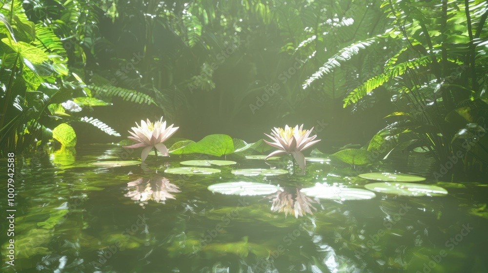 Naklejka premium Serene Beauty of a Blossoming Lily Pond Paradise