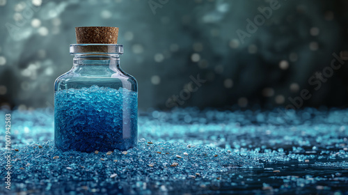 Illustration of a luxury glass bottle floating in the sea water, Tecos colors. photo