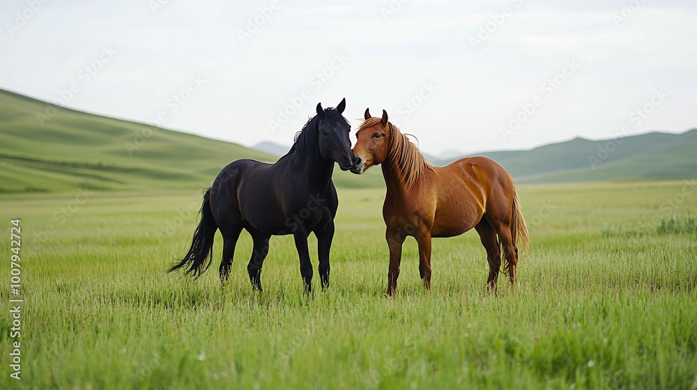 Two Horses in a Green Field, One Black and One Brown Two Horses in a Green Field, One Black and One Brown