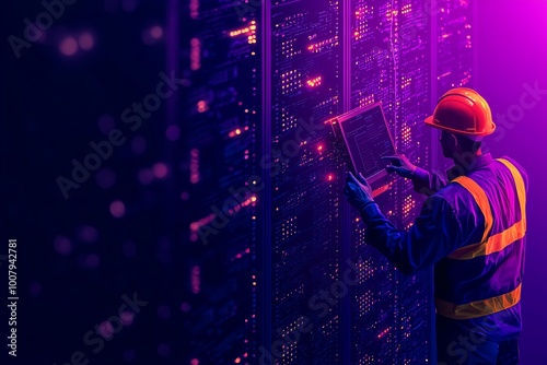 Worker in helmet and vest checking server data in digital environment.