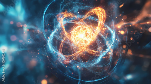An abstract illustration of the quantum realm, with atoms represented as swirling energy fields. Quantum Realm. Illustration photo