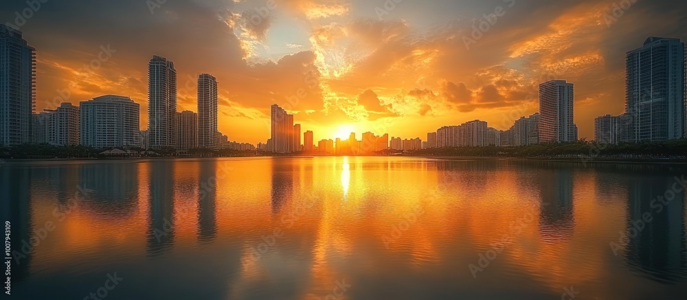 A vibrant sunset casts a warm glow over a city skyline reflected in the calm water of a lake. A vibrant sunset casts a warm glow over a city skyline reflected in the calm water of a lake.