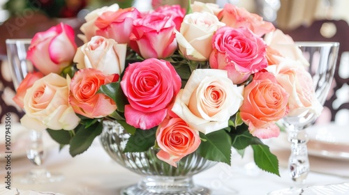 Elegant Floral Arrangement of Pink and White Roses in Crystal Vase for Fine Dining Setting