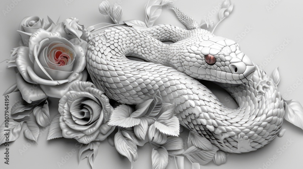 Black and White of Snake Coiled Among Roses in Garden Black and White of Snake Coiled Among Roses in Garden