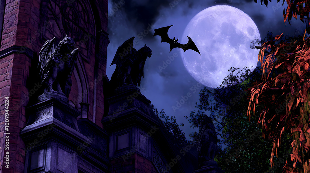 Fototapeta premium Eerie Castle Courtyard with Gargoyles and Full Moon