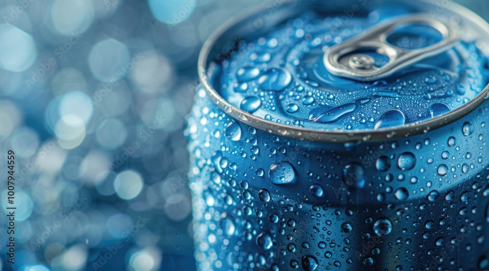 Blue aluminum can covered in condensation Blue aluminum can covered in condensation
