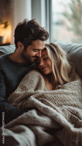 A couple cuddling on a cozy sofa with a blanket, soft natural light coming from a nearby window, peaceful and intimate indoor setting, relaxed and loving mood