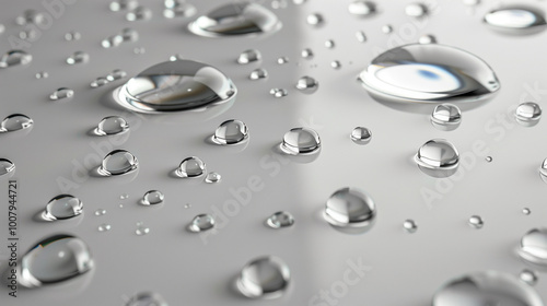 Water droplets on a smooth reflective surface with soft lighting