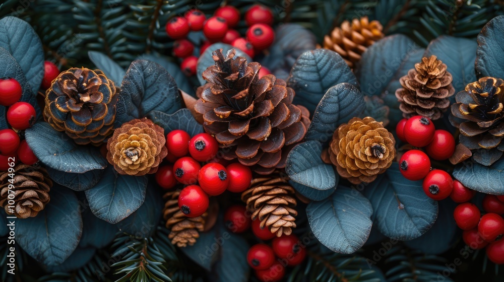 Fototapeta premium Close up of christmas ornaments on a pine tree