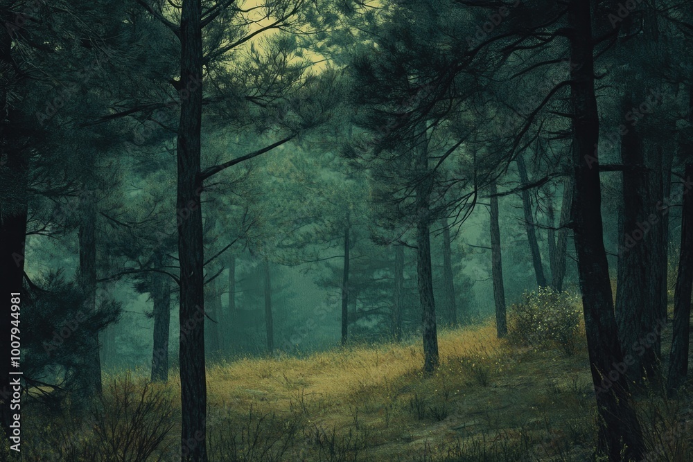 Obraz premium A Misty Forest Path Through Tall Pine Trees