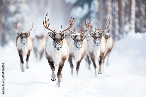 A herd of reindeer running through a snowy forest.