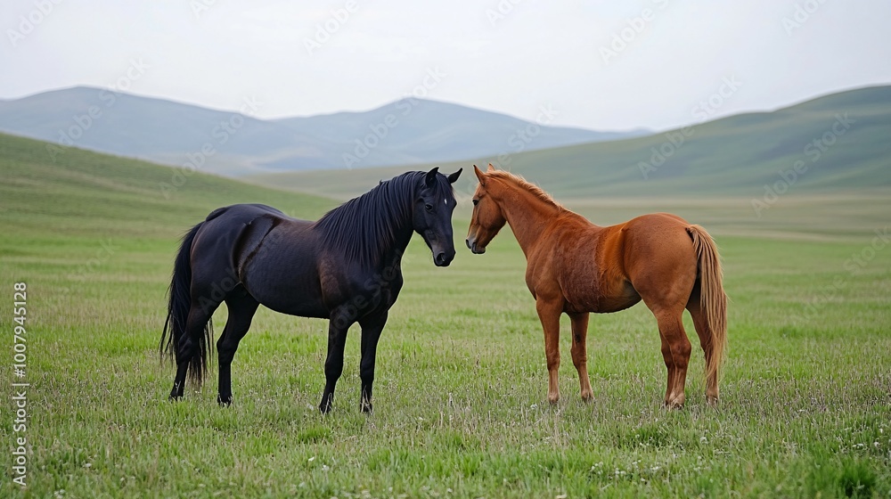 Fototapeta premium Black and Brown Horses in a Meadow with Distant Hills