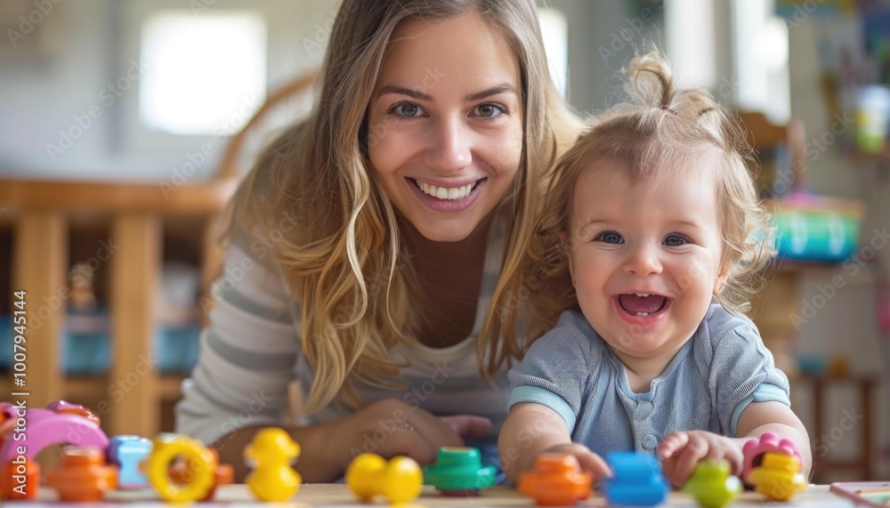 Mother and child playing with colorful toys Mother and child playing with colorful toys