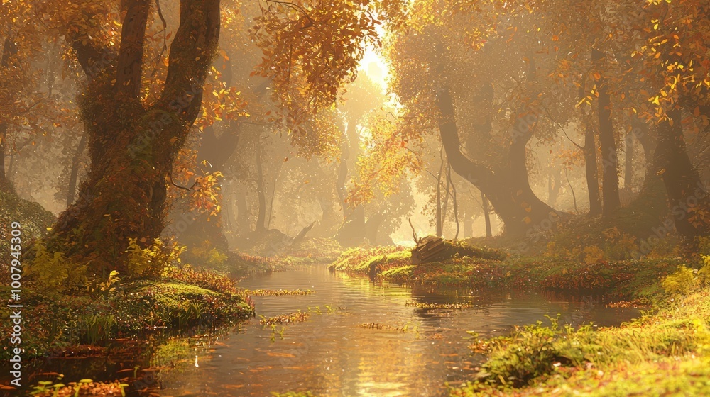 Obraz premium Serene River Flowing Through Vibrant Autumn Forest - A Breathtaking Nature Scene