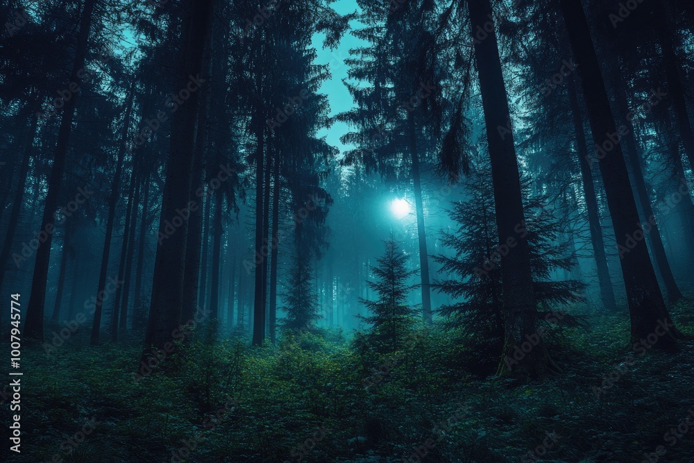 Obraz premium A Misty Forest at Night with a Glimmer of Light Through the Trees