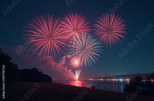 Fireworks on the dark sky background. Colorful fireworks from Loto Quebec in Quebec, Canada. Abstract colored firework background with free space for text. fireworks light up the night sky