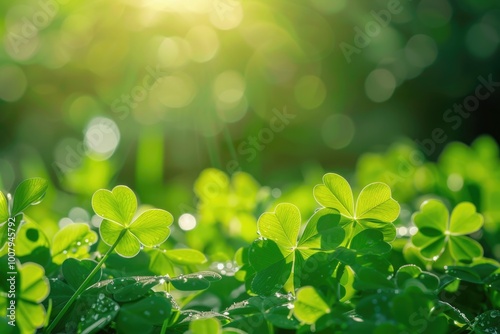 A close-up image of green clover leaves bathed in sunlight.