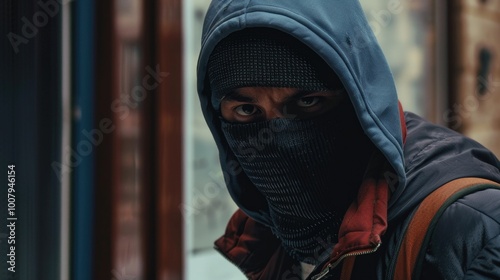Masked man looking over shoulder in interior
