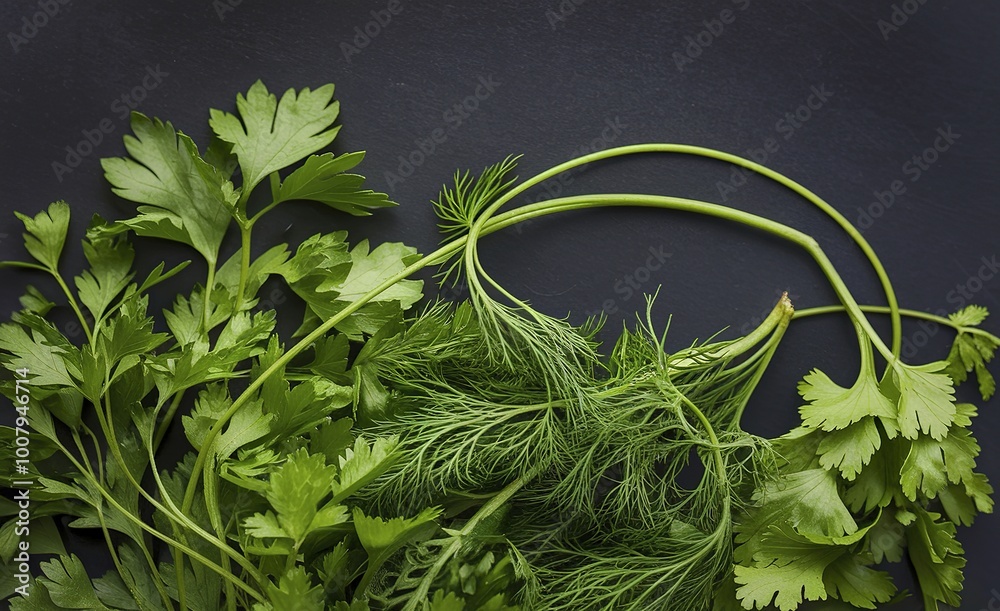 Fototapeta premium Fresh green herbs including parsley, dill, and cilantro against a dark background