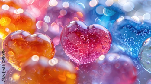 Colorful glass hearts with air bubbles