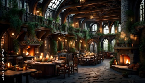 Charming medieval tavern with cozy fires, inviting atmosphere, and lush greenery enveloping the enchanting interior.