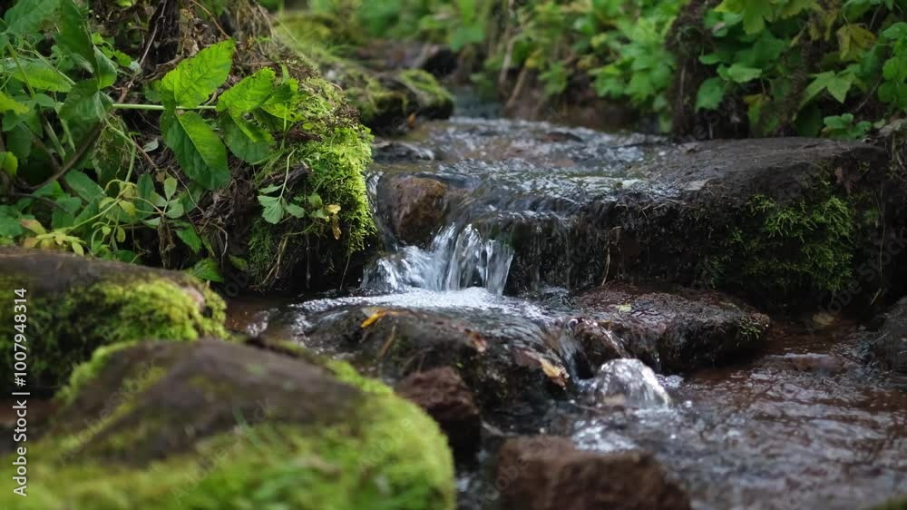 Stream flowing over mossy rocks surrounded by lush green vegetation Stream flowing over mossy rocks surrounded by lush green vegetation