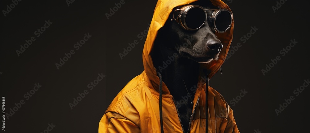 Stylish Dog in Yellow Jacket and Goggles Posing Against Dark Background Stylish Dog in Yellow Jacket and Goggles Posing Against Dark Background
