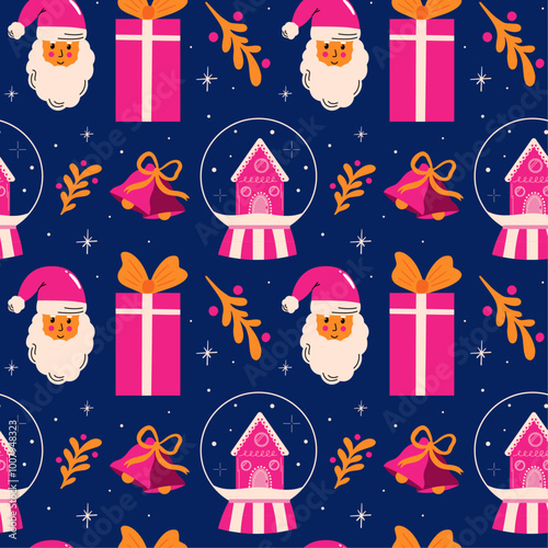 Seamless vector pattern with beautiful Christmas decoration, wreath, Santa Claus, winter holiday elements, retro Xmas gift box, present. Cartoon flat illustration for wrapping paper, fabric design