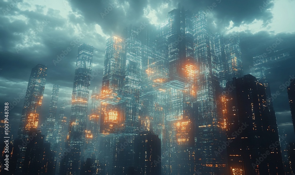 Fototapeta premium A futuristic cityscape with glowing skyscrapers and a cloudy sky.