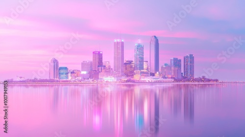 Majestic Skyline: Vibrant Dusk Reflections on Water