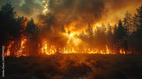 Nighttime forest fire with burning trees